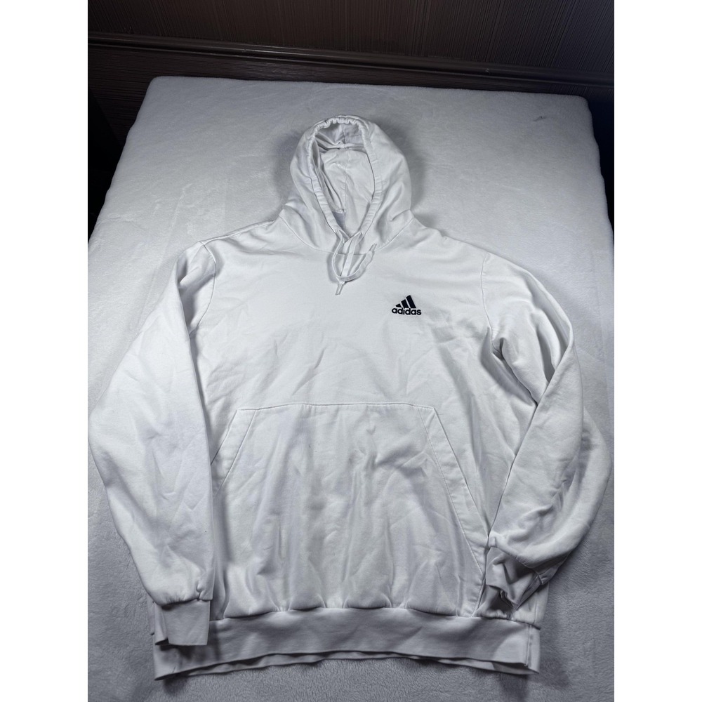 Adidas Hoodie Mens‎ 2XL White Pullover Sweatshirt Embroidered Logo Stains Fleece